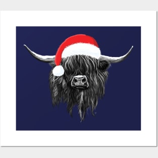 Scottish Highland Cow Christmas Santa Hat Posters and Art